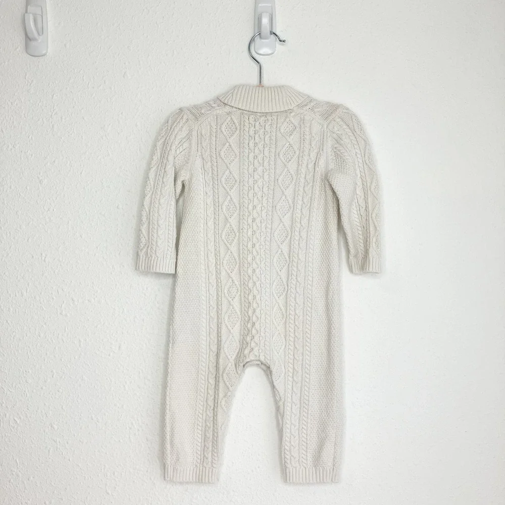 Janie and Jack Baby Romper Cream Cable Knit Shawl Collar Button Front 3-6 Months